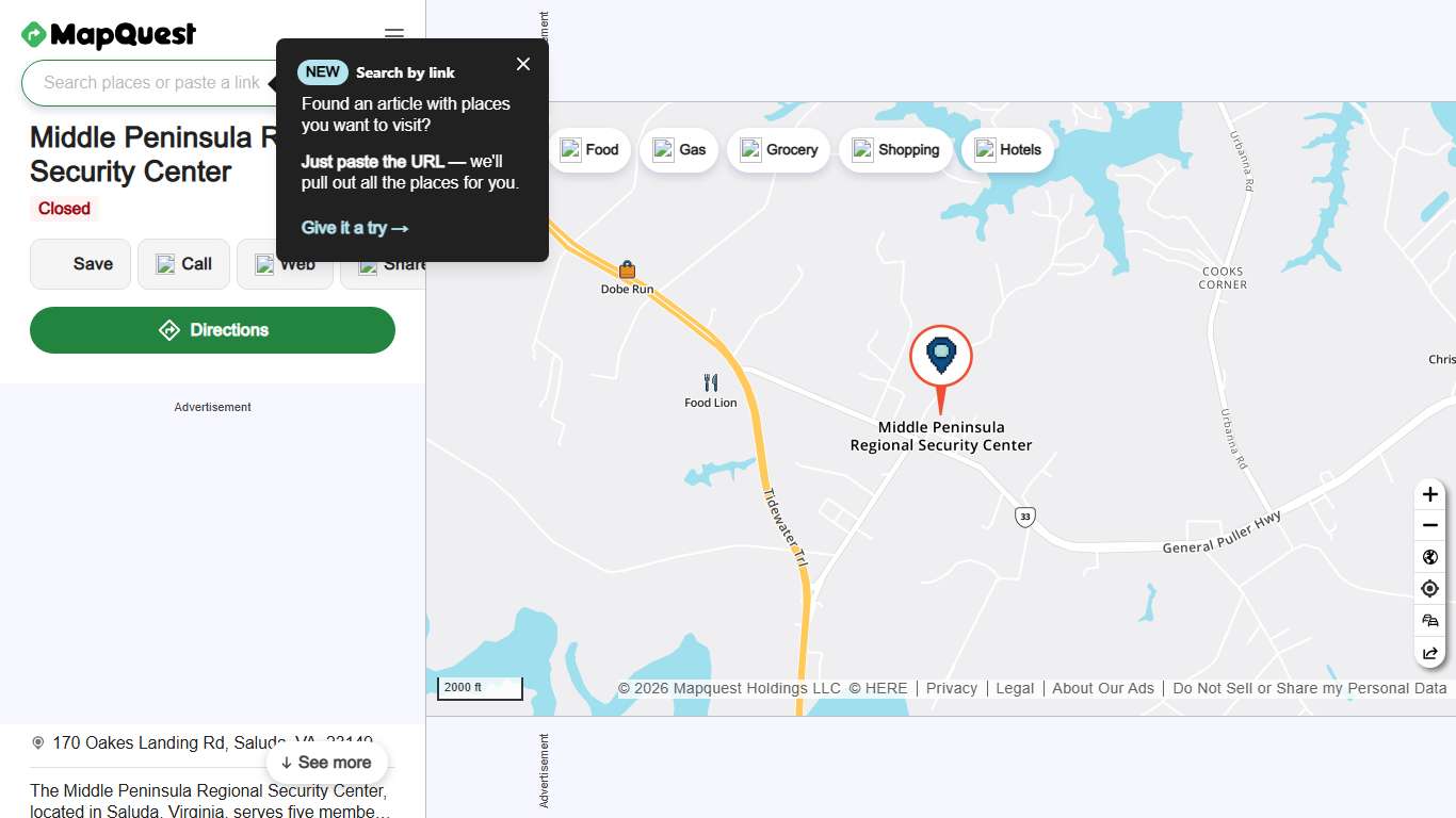 Middle Peninsula Regional Security Center, 170 Oakes Landing Rd, Saluda, VA 23149, US - MapQuest